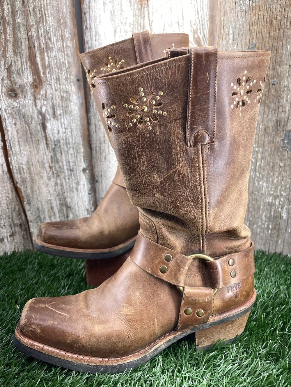 Frye Women's Harness 12R Boots Flower Cutout Brown Leather Women's Size 9 Spain